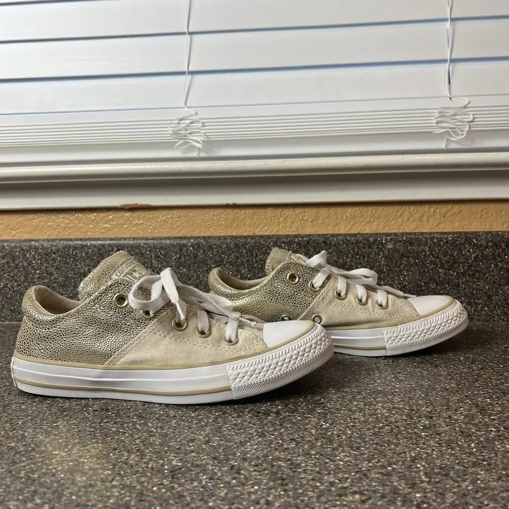 Converse All Star Low Top Women's Sz 6 Canvas/Leather Cream Gold Sneaker Lace Up